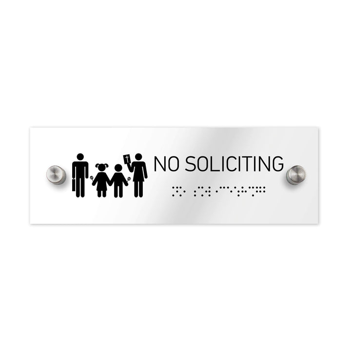 Information signs No Soliciting Sign with Braille: White Acrylic Sign