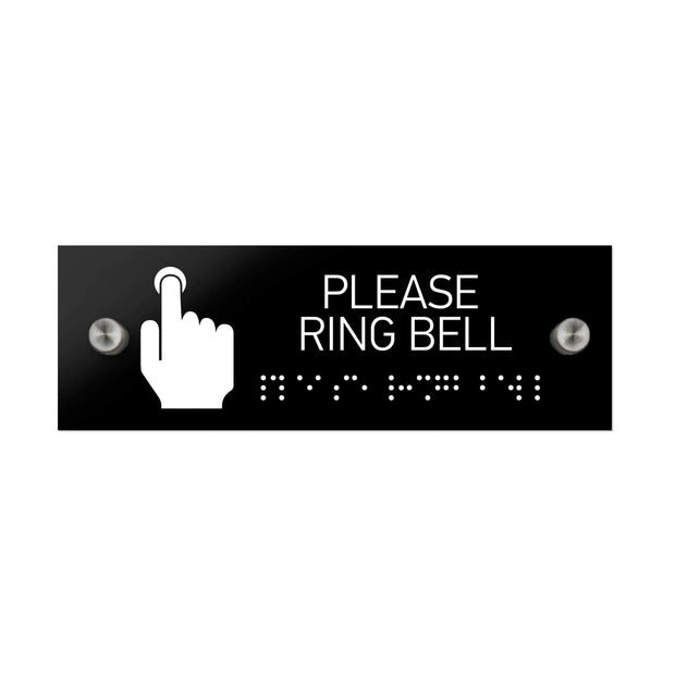 Information signs Please Ring Bell Sign with Braille: Black Acrylic Sign