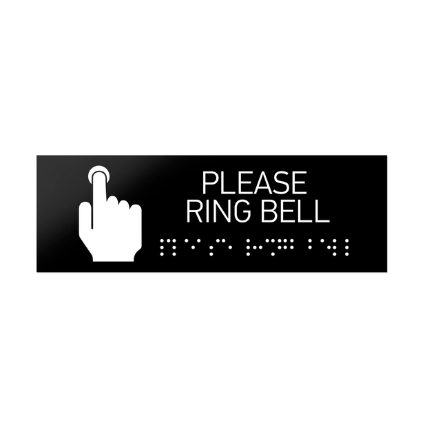 Information signs Please Ring Bell Sign with Braille: Black Acrylic Sign