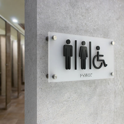 All Gender Restroom Sign: Acrylic Sign with Steel Holders — 