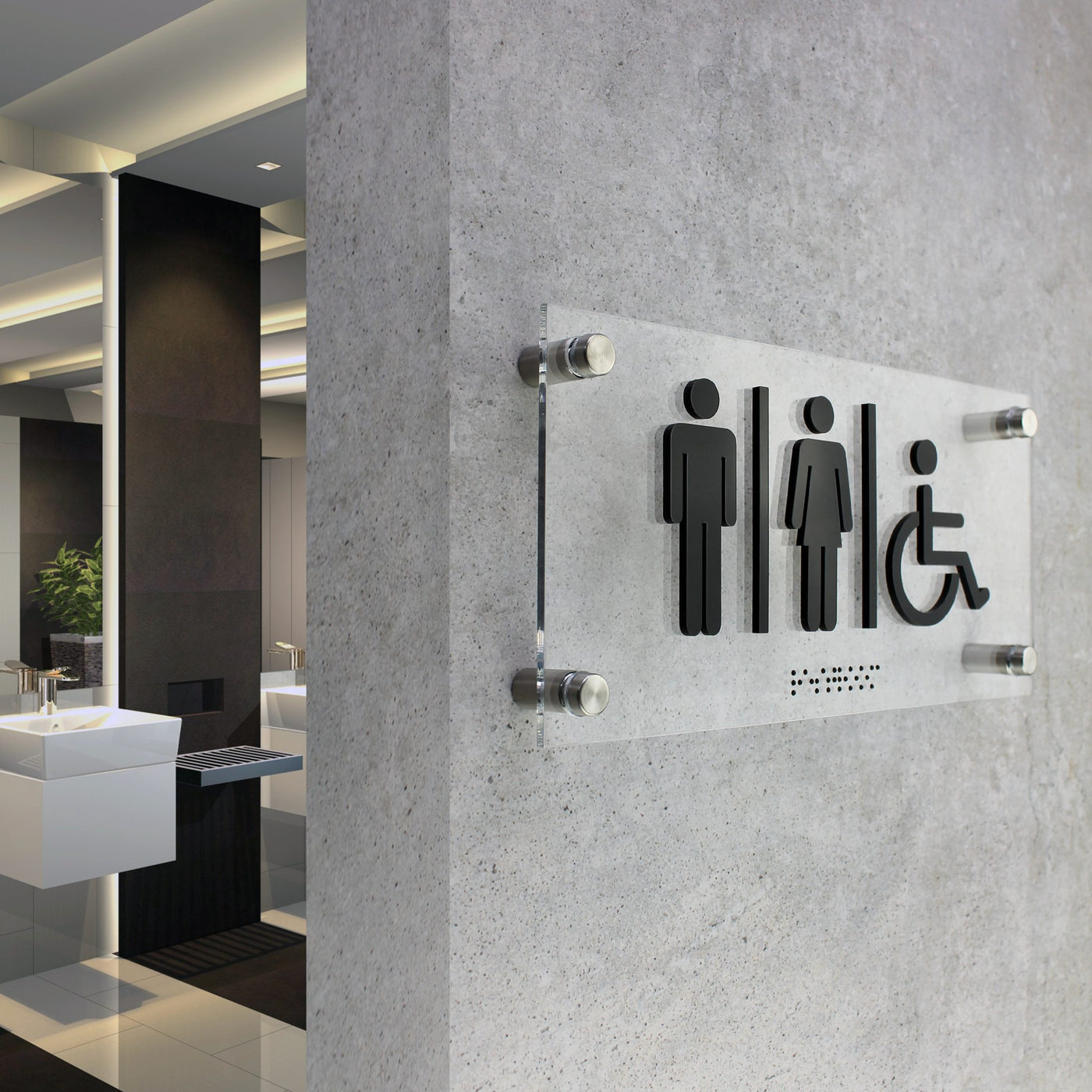 All Gender Restroom Sign: Acrylic Sign with Steel Holders — "Classic" Design