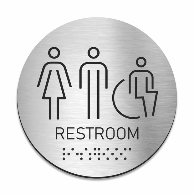 ADA compliant all-gender restroom sign with male, female and wheelchair symbols and Braille text