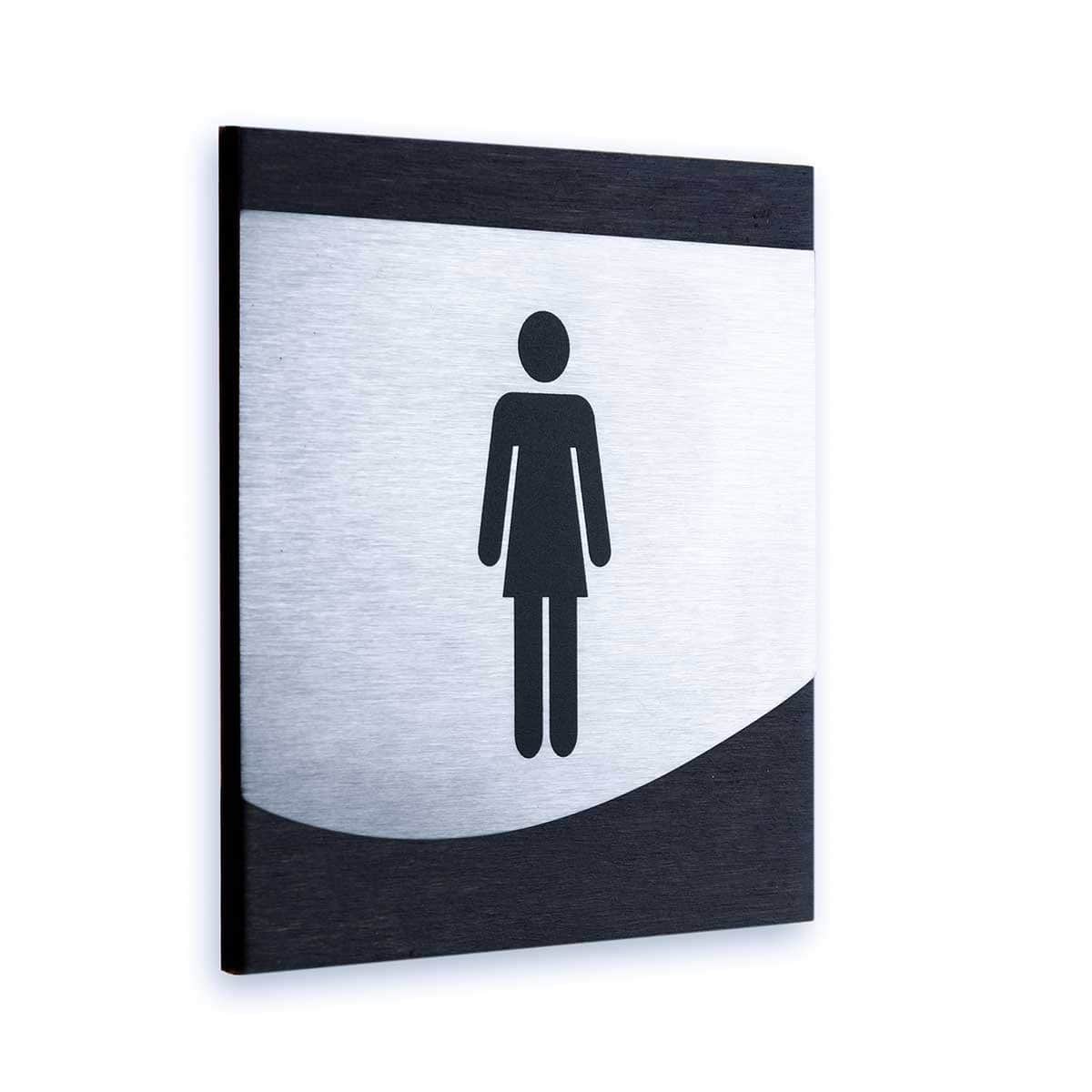 Ladies Bathroom Sign: Wood & Stainless Steel Plate — 