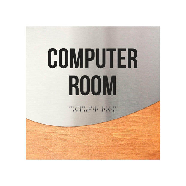 Computer Room Sign — Stainless steel & Wood Door Plate — "Jure" Design