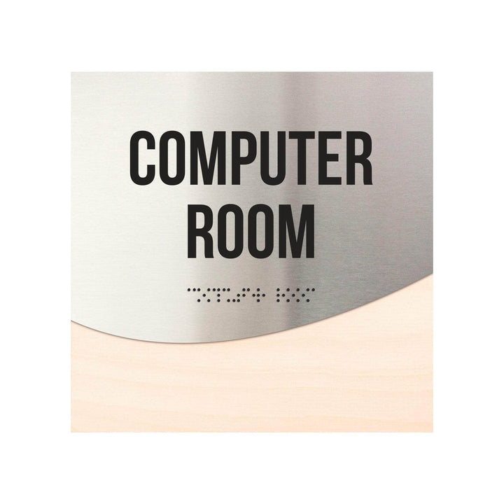 Computer Room Sign — Stainless steel &amp; Wood Door Plate — "Jure" Design