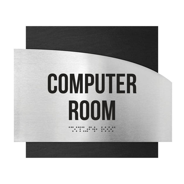Computer Room Sign — Stainless steel & Wood Door Plate — "Wave" Design