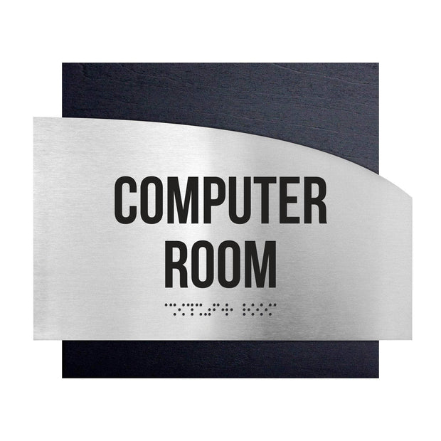 Computer Room Sign — Stainless steel & Wood Door Plate — "Wave" Design