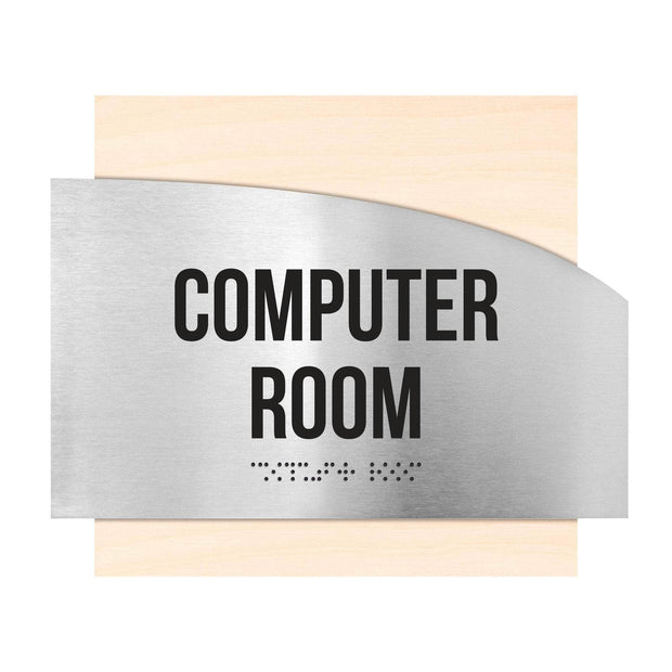 Computer Room Sign — Stainless steel & Wood Door Plate — "Wave" Design