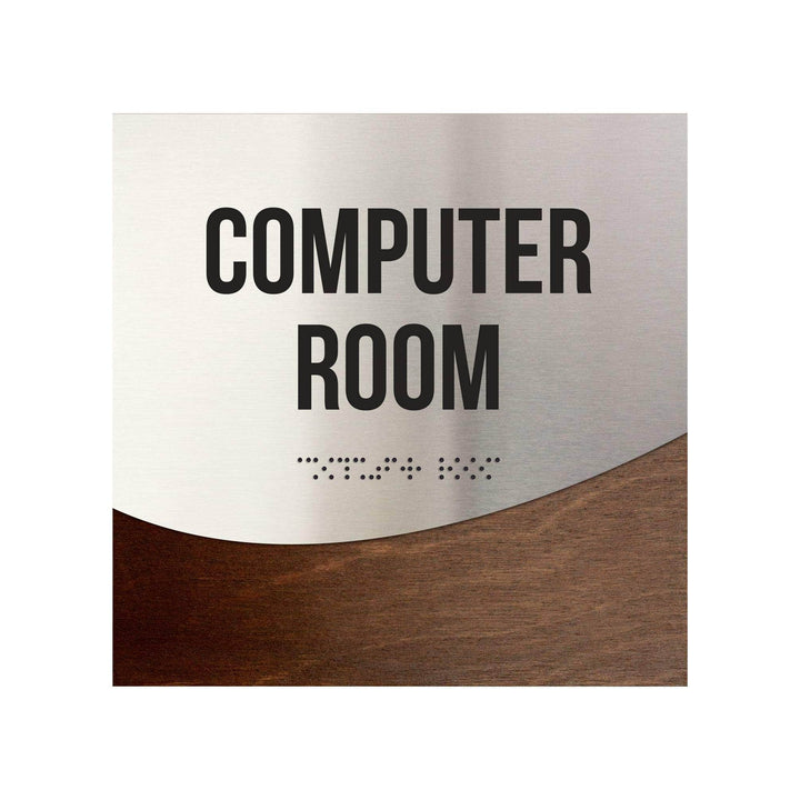 Computer Room Sign — Stainless steel & Wood Door Plate — "Jure" Design