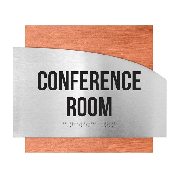 Door Signs Conference Room Signs - Stainless steel & Wood Plate - "Wave" Design