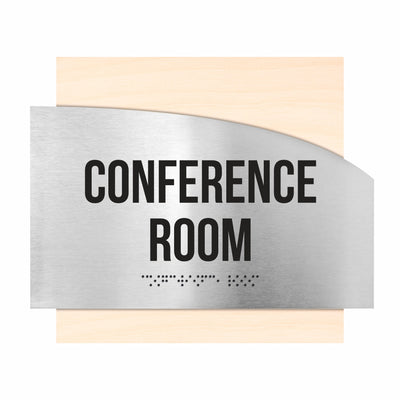 Door Signs - Conference Room Signs - Stainless Steel & Wood Plate - "Wave" Design