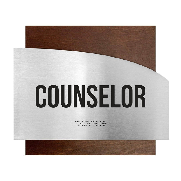 Door Signs Counselor Sign - Stainless Steel & Wood Door Plate - "Wave" Design