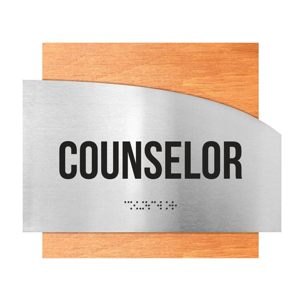 Door Signs Counselor Sign - Stainless Steel & Wood Door Plate - "Wave" Design