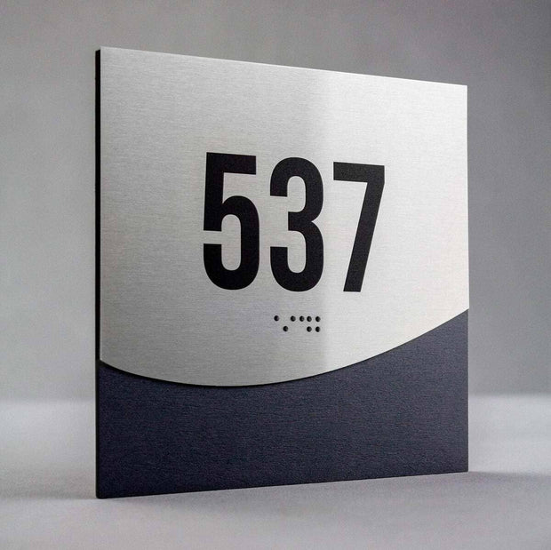 Hotel room number sign 537 with Braille, brushed stainless steel and dark wood base - "Jure" Design