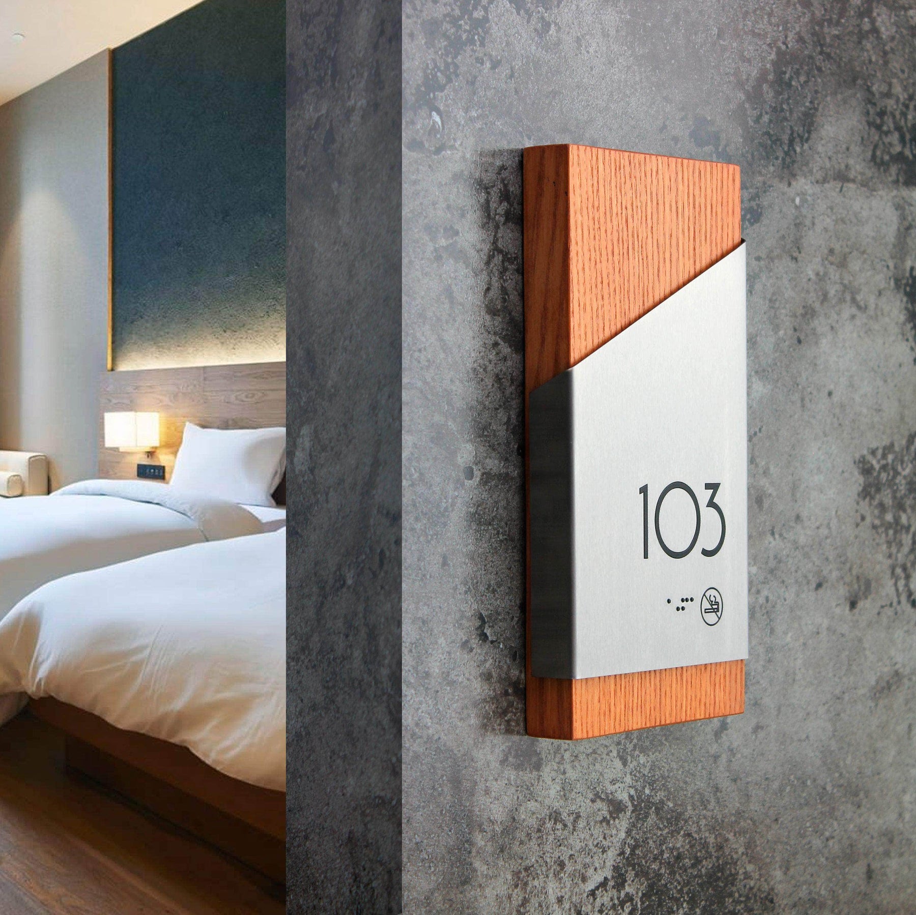 Room Number Display Hotel Room Number Sign — Stainless Steel & Wood Door Plate | BSign Store