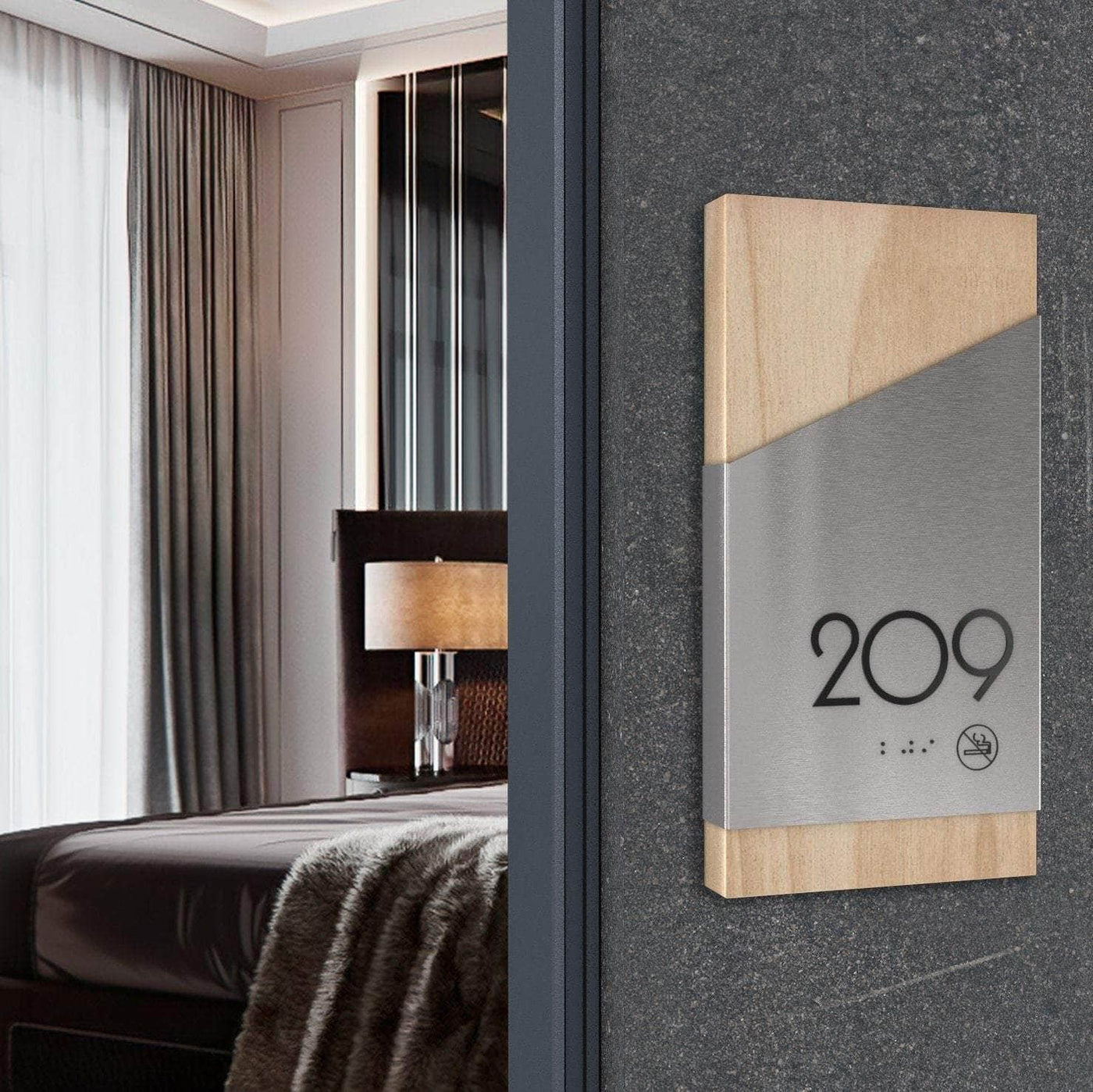 Hotel Room Number Sign — Stainless steel & Wood Door Plate