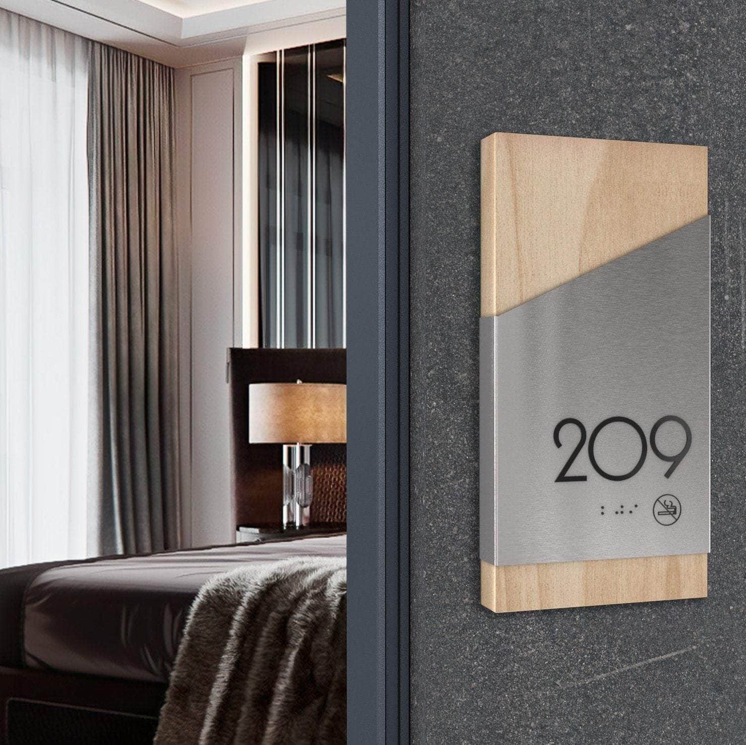 Hotel Room Number Sign — Stainless Steel & Wood Door Plate | BSign Store