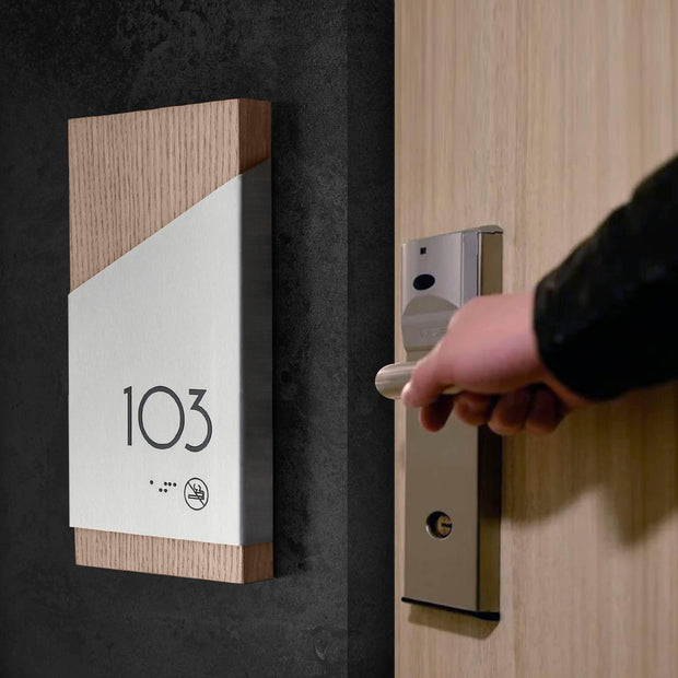 Door Numbers Hotel Room Number Sign — Stainless steel & Wood Door Plate