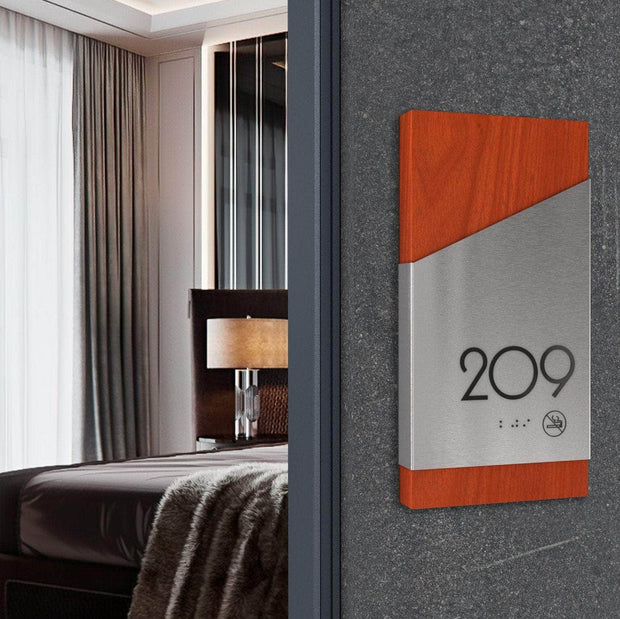 Door Numbers Hotel Room Number Sign — Stainless steel & Wood Door Plate