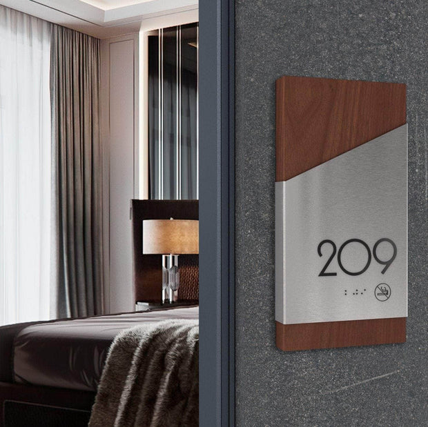 Door Numbers Hotel Room Number Sign — Stainless steel & Wood Door Plate