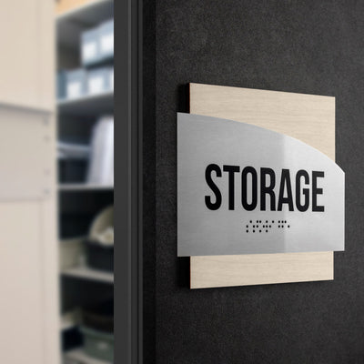 Door Signs - Storage Room Signs - Stainless Steel & Wood Plate - "Wave" Design
