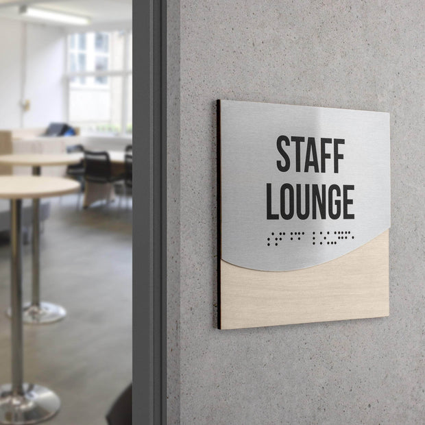 Lounge Room Door Sign - Stainless Steel & Wood Door Plate - "Jure" Design