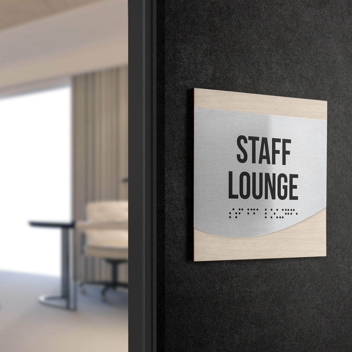 Door Signs Staff Lounge Sign — Stainless Steel &amp; Wood Door Plate — "Venture" Design