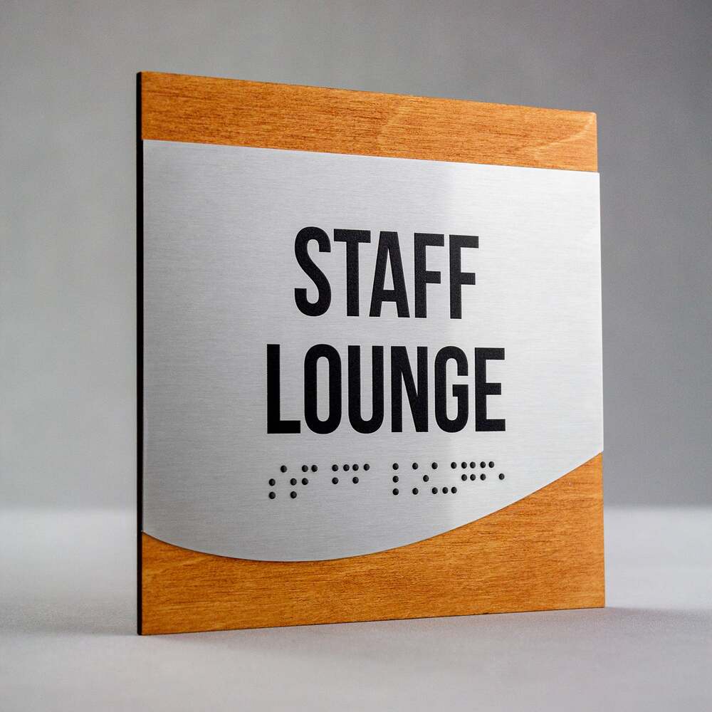 Staff Lounge Sign — Stainless Steel & Wood Door Plate — "Venture" Design