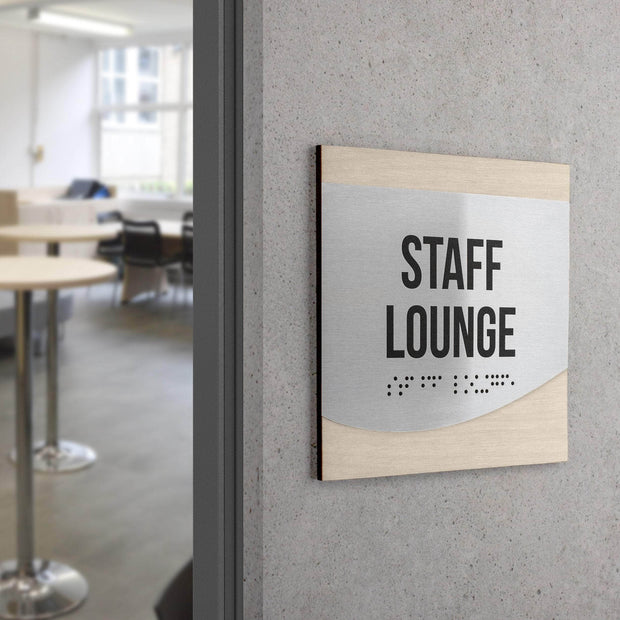 Door Signs Staff Lounge Sign — Stainless Steel & Wood Door Plate — "Venture" Design