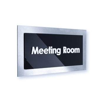 Conference Room Door Sign With Slider - Reusable Whiteboard & Paper Insert, Brushed Silver, No-Drill Adhesive