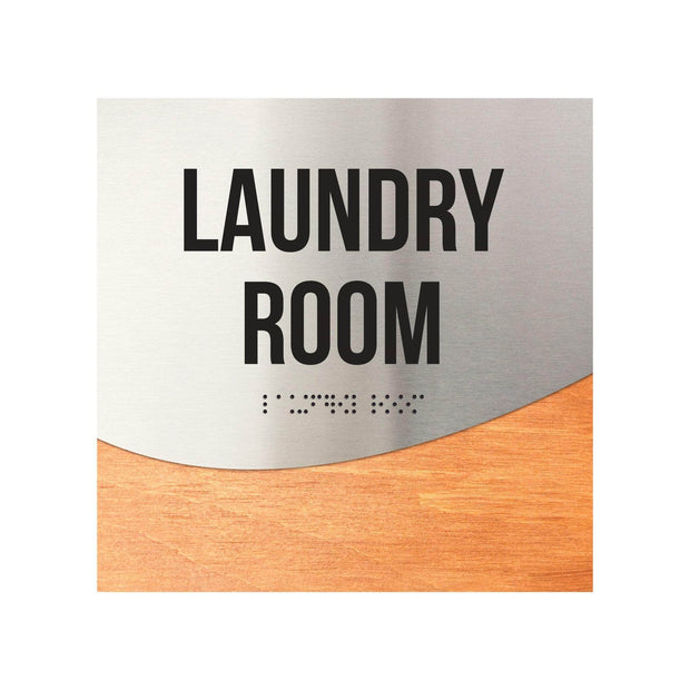 Laundry Room Sign — Stainless Steel & Wood Door Plate — "Jure" Design