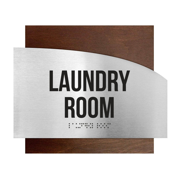 Laundry Room Sign — Stainless Steel & Wood Door Plate — "Wave" Design