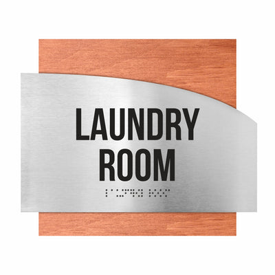 Laundry Room Custom Door Signs - Stainless Steel & Wood - "Wave" Design