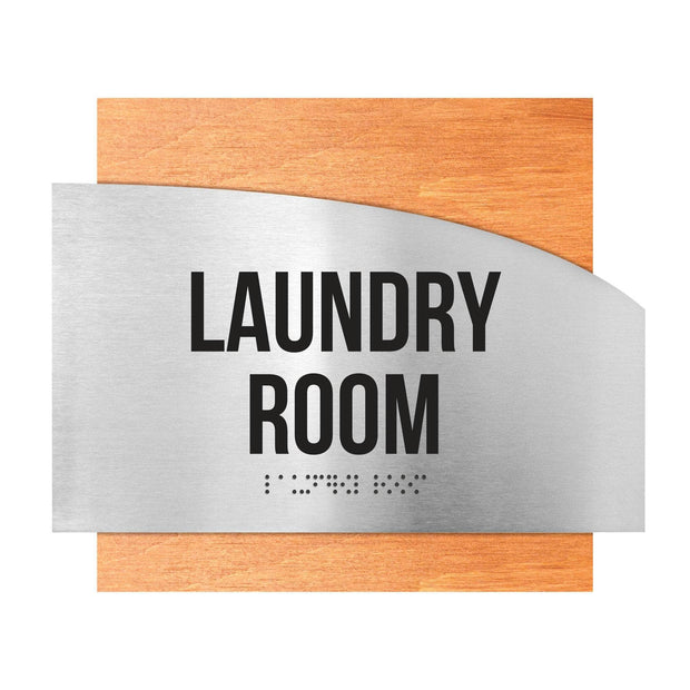 Laundry Room Sign — Stainless Steel & Wood Door Plate — "Wave" Design