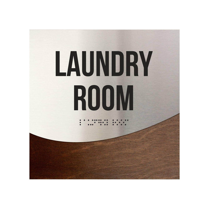 Laundry Room Sign — Stainless Steel & Wood Door Plate — "Jure" Design