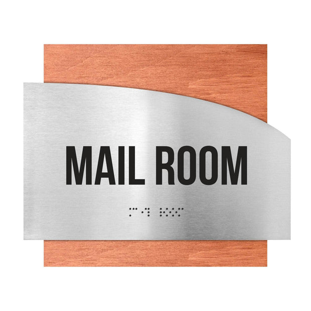 Door Signs Mail Room Sign - Stainless Steel & Wood Door Plate - "Wave" Design