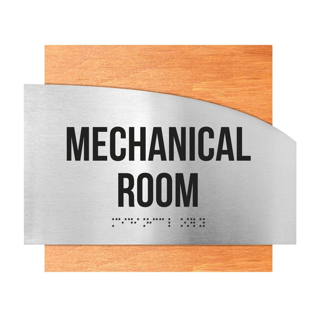 Door Signs Mechanical Room Signs - Stainless Steel & Wood Plate - "Wave" Design