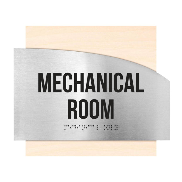 Door Signs Mechanical Room Signs - Stainless Steel & Wood Plate - "Wave" Design