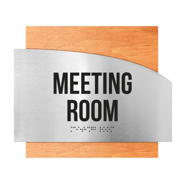 Door Signs Meeting Room Signs - Stainless steel & Wood Plate - "Wave" Design