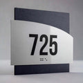 Room 725 sign with Braille, stainless steel and dark wood - "Wave" Design - Photo #3