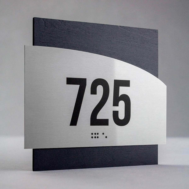 Room 725 sign with Braille, stainless steel and dark wood - "Wave" Design