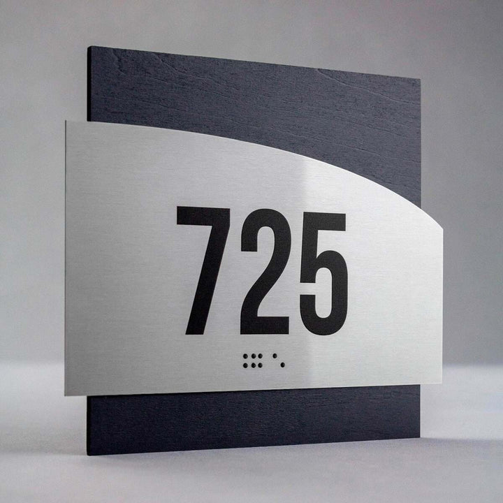 Room 725 sign with Braille, stainless steel and dark wood - "Wave" Design
