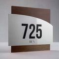 Room number 725 sign with Braille, brushed stainless steel plate on wooden backing - "Wave" Design - Photo #6