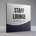 Staff lounge sign in Jure design with Braille, brushed metal panel with layered backing for interior door signage - Photo #9