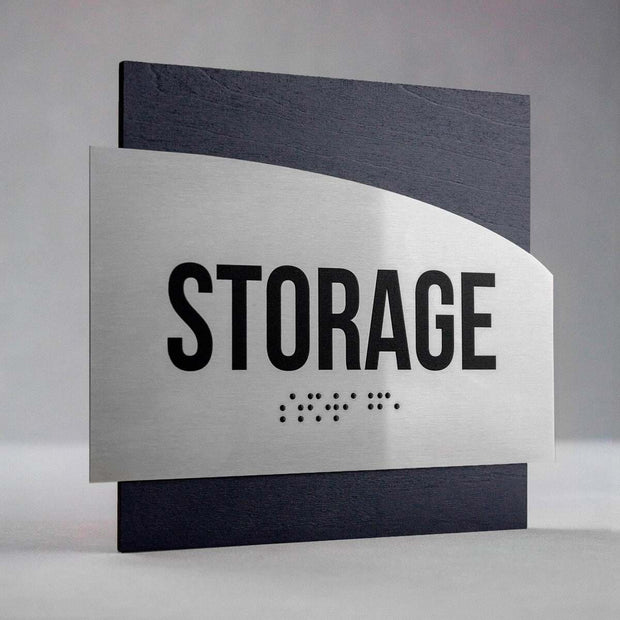 Storage room sign with Braille, brushed stainless steel and dark wood backing - "Wave" Design