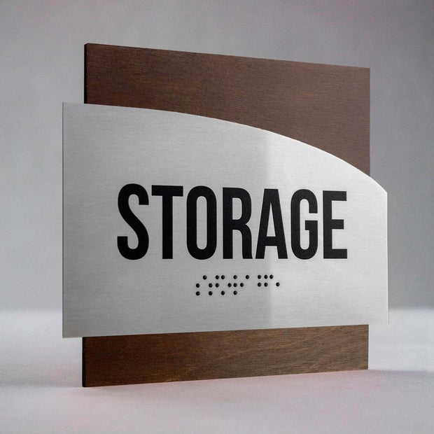 Storage sign with Braille, stainless steel and wooden backing - "Wave" Design