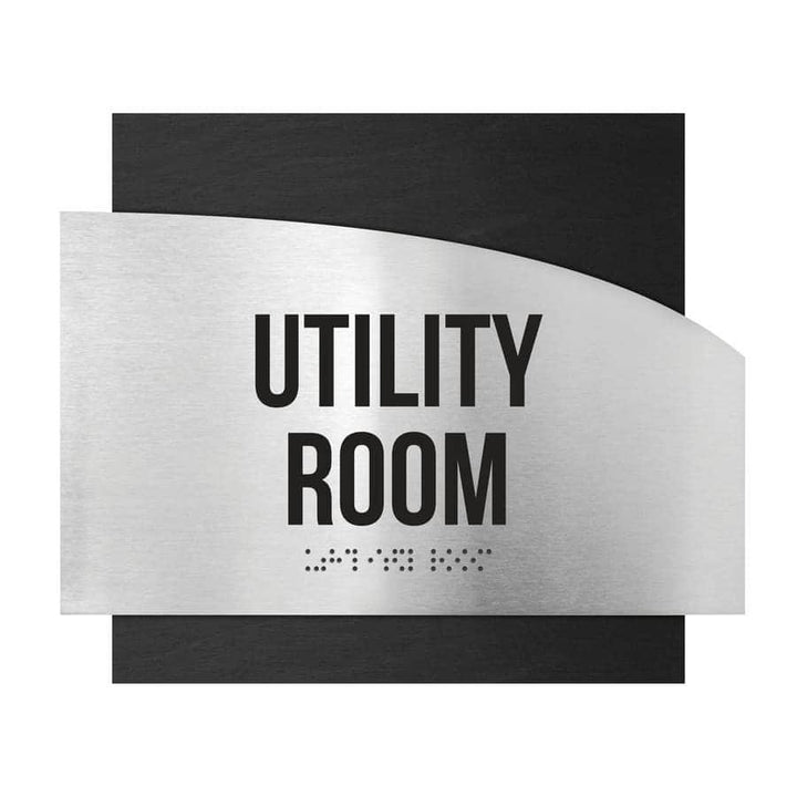 Door Signs Utility Room Sign - Stainless Steel & Wood Plate - "Wave" Design