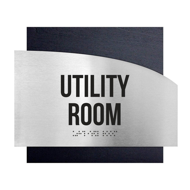 Door Signs Utility Room Sign - Stainless Steel & Wood Plate - "Wave" Design