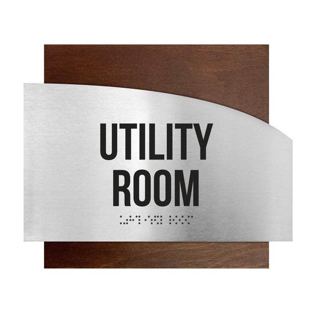 Door Signs Utility Room Sign - Stainless Steel & Wood Plate - "Wave" Design