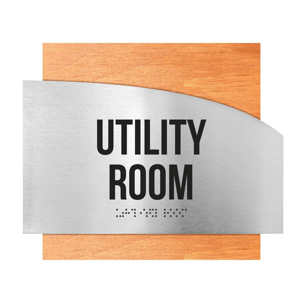 Door Signs Utility Room Sign - Stainless Steel & Wood Plate - "Wave" Design